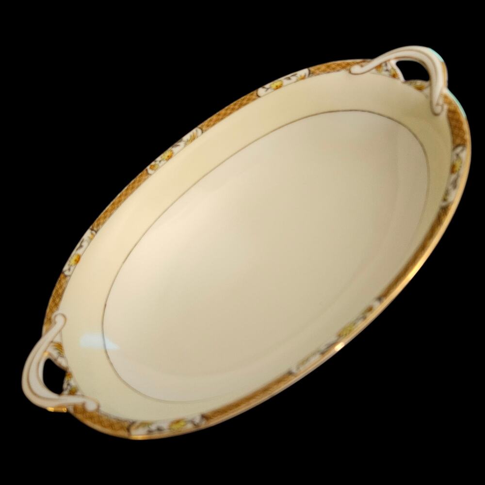Antique Noritake Hand Painted Oval Serving Bowl Gold Floral Lattice Japan